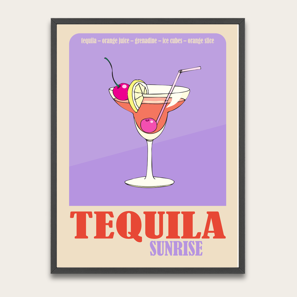 Tequila Sunrise Poster — Retro Cocktail Bar Art Print with Wooden Frame