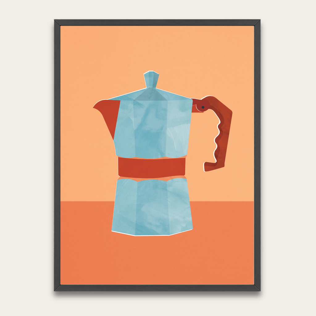 Poster met mokapot-koffiepot en houten lijst — Retro minimalistische keukenkunst