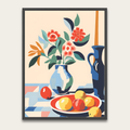 Framed Floral Still Life Poster — Colorful Vase & Fruit Wall Art