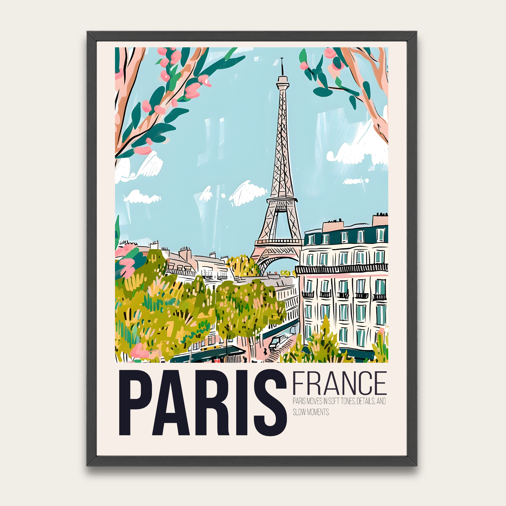 Vintage reisposter van de Eiffeltoren in Parijs met houten lijst — Ingelijste wanddecoratie