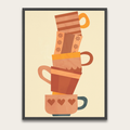 Stacked Coffee Cups Poster with Wooden Frame — Cozy Kitchen Wall Art