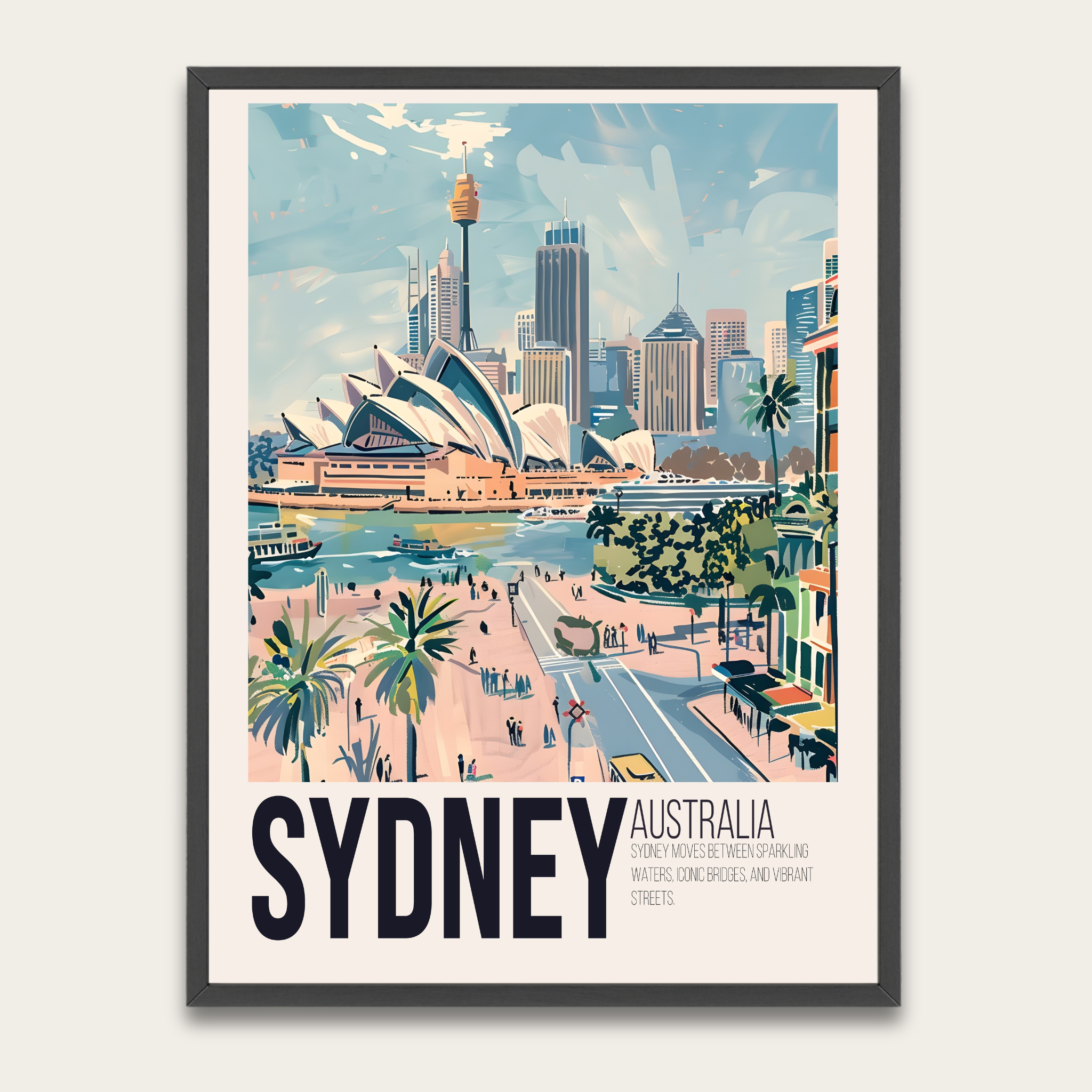 Reisposter van Sydney met houten frame – Muurdecoratie in vintage-stijl