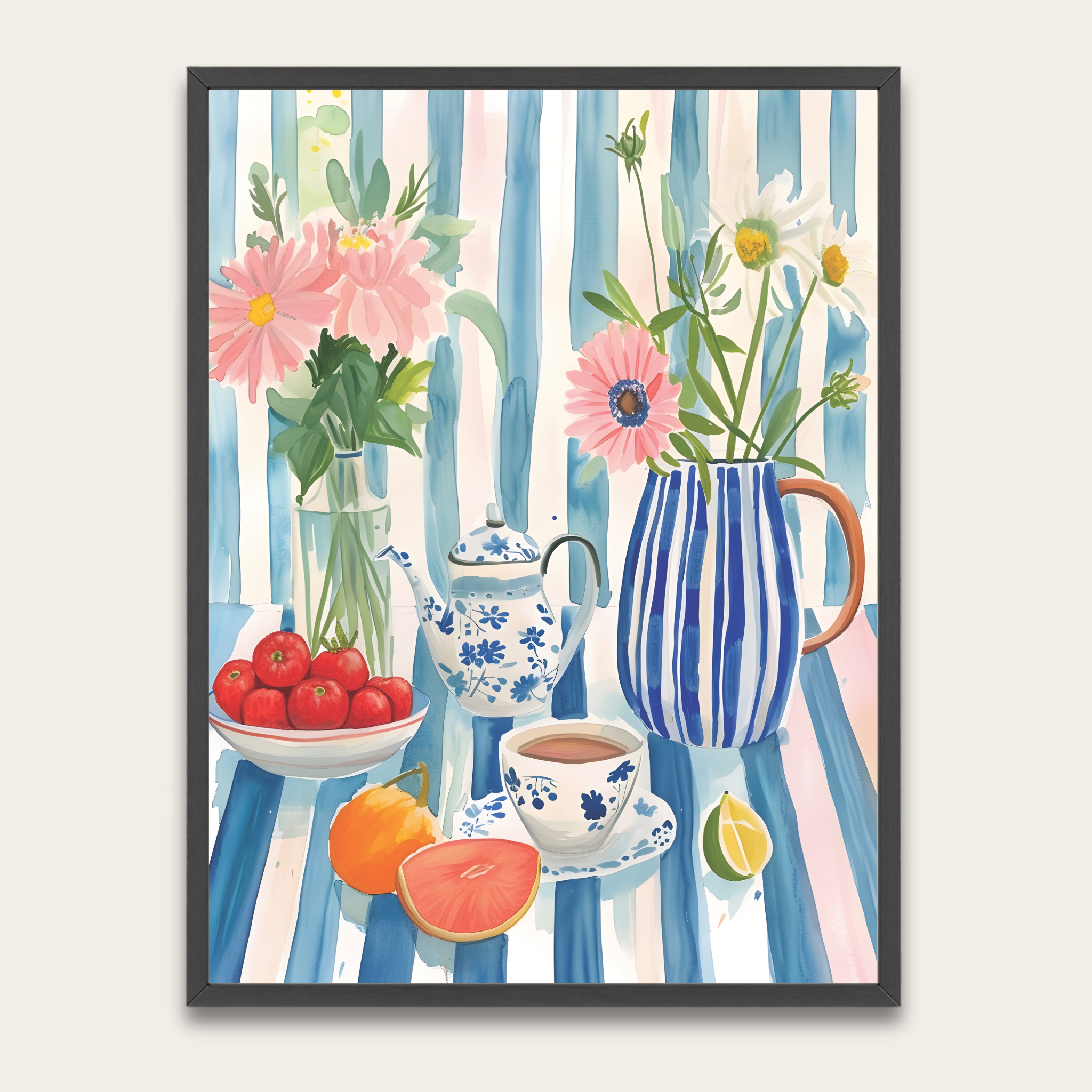 Still Life Floral Poster with Wooden Frame — Blue Striped Vase Tea Time Art Print