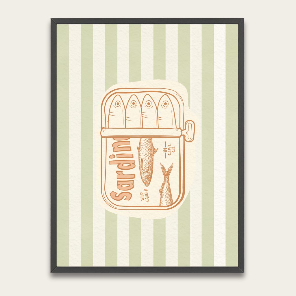 Sardines Retro Kitchen Poster with Wooden Frame — Vintage Seafood Wall Art
