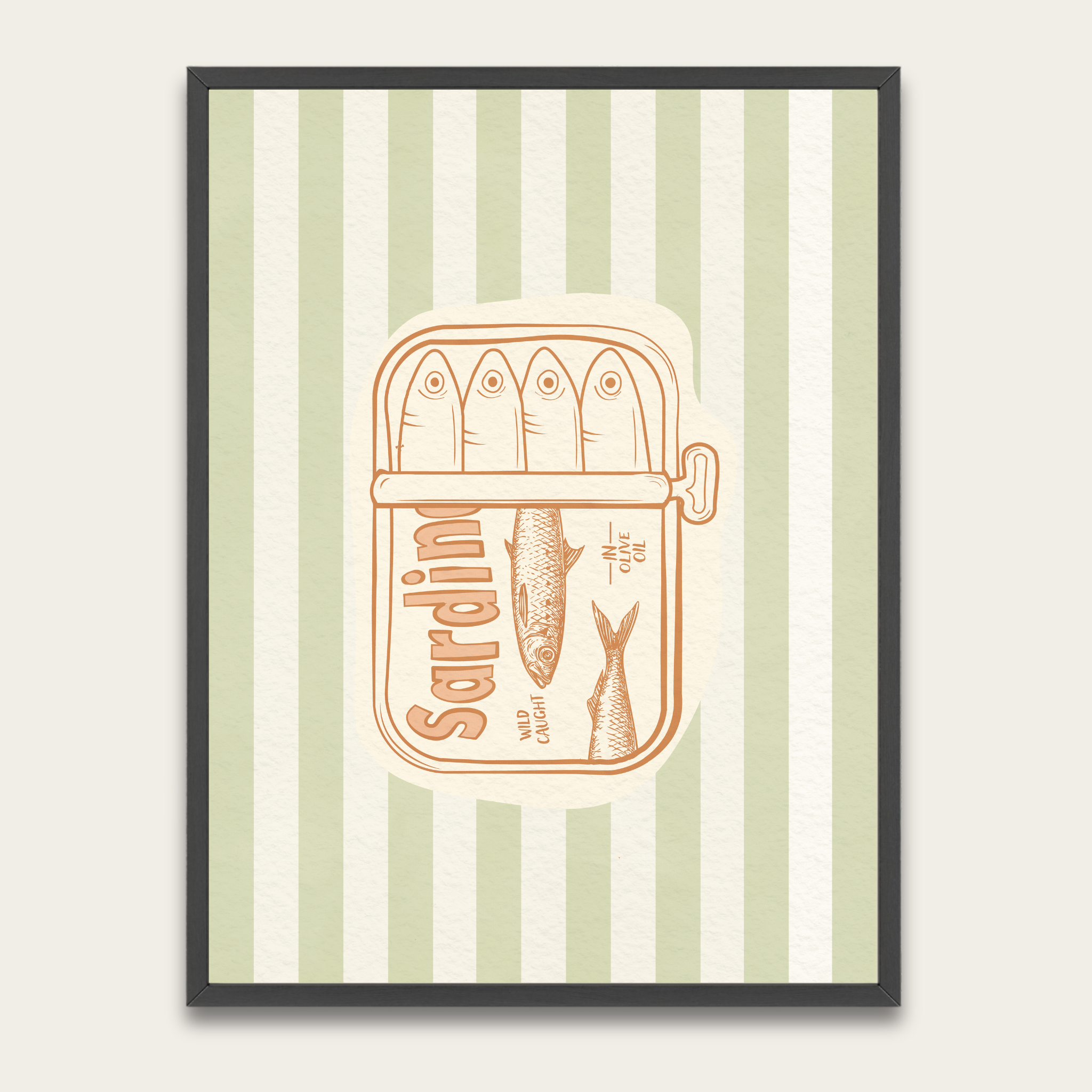 Sardines Retro Kitchen Poster with Wooden Frame — Vintage Seafood Wall Art