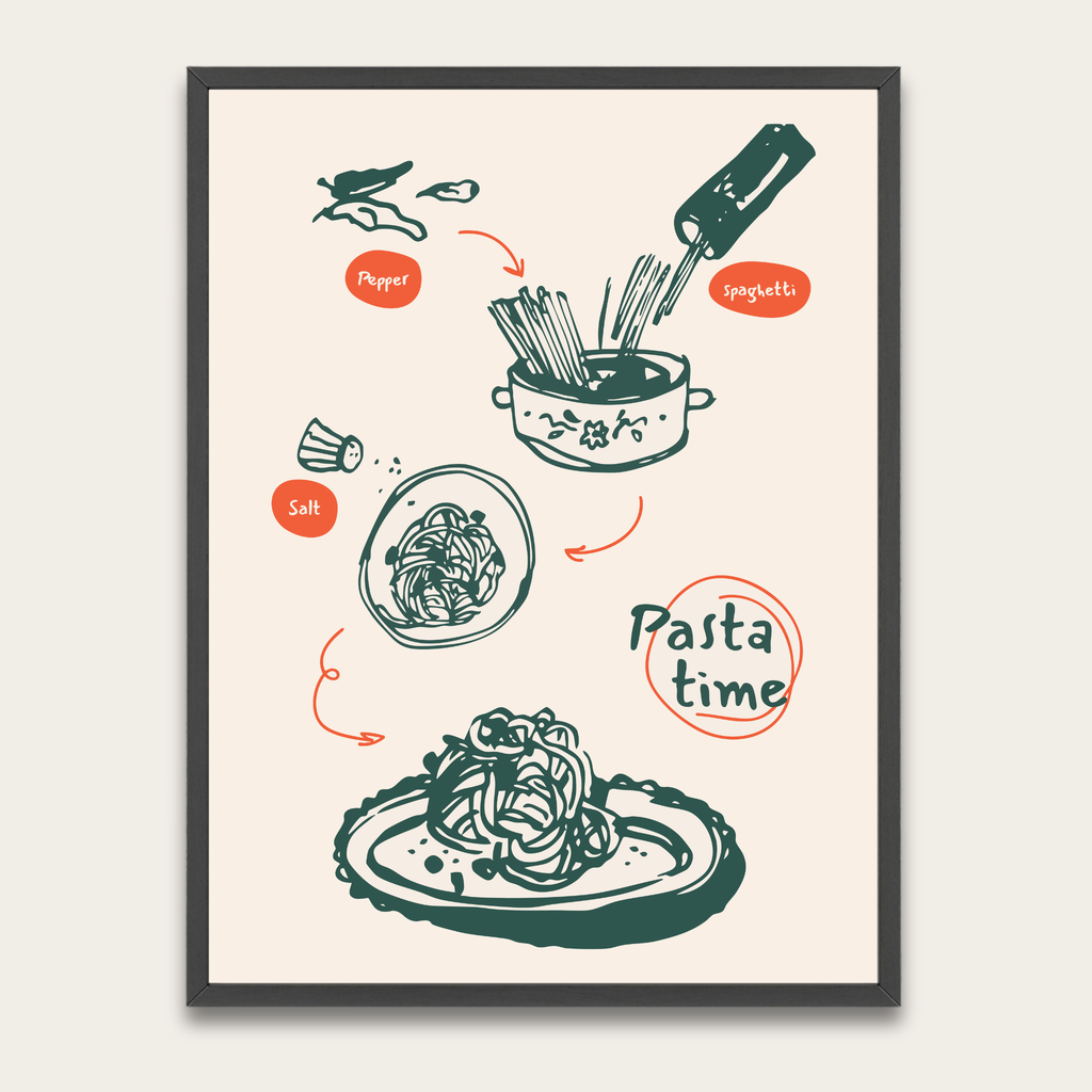 Pasta Time Poster — Illustrated Recipe Kitchen Art with Wooden Frame