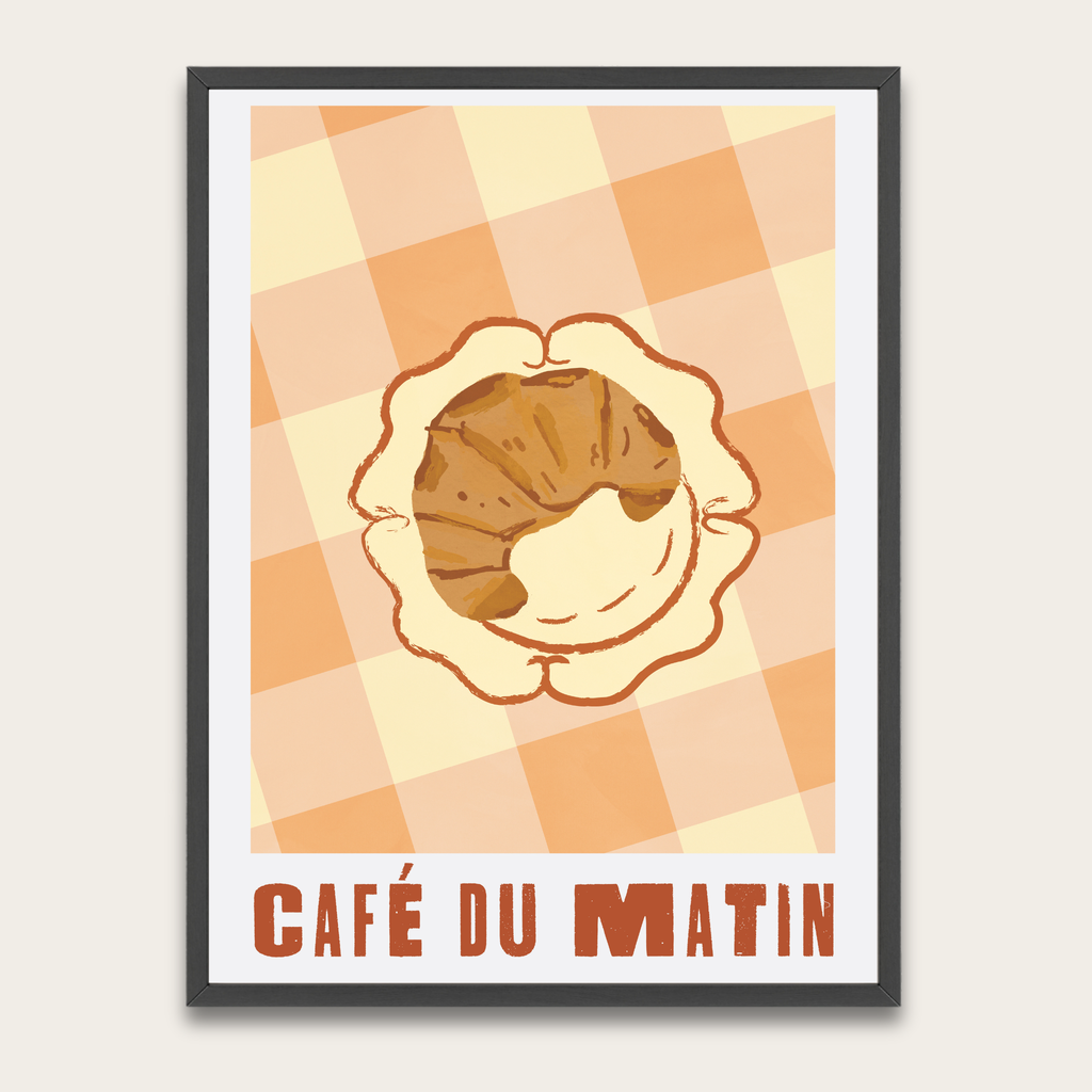 Café du Matin Poster — Vintage Croissant Art Print with Wooden Frame
