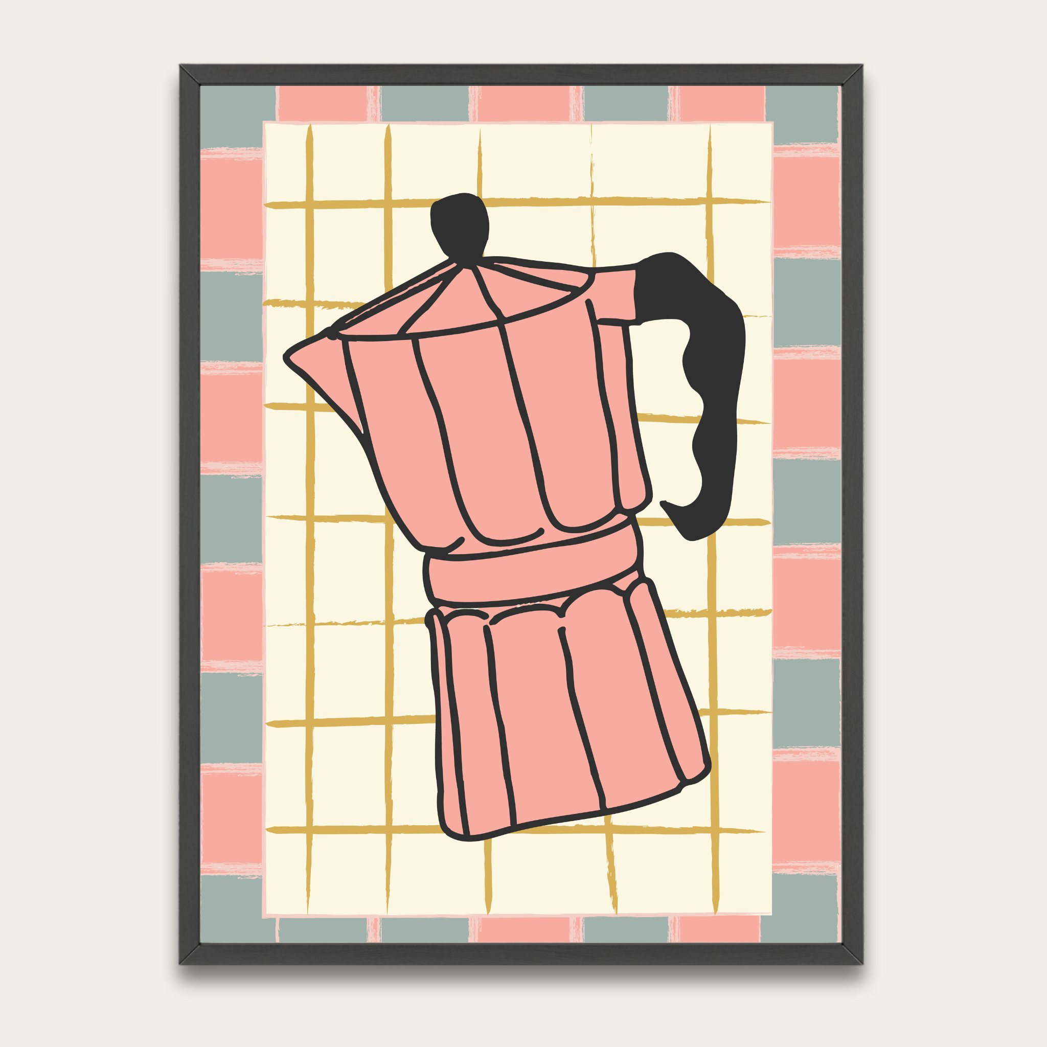 Bialetti Moka Pot Kitchen Poster with Wooden Frame — Pink Coffee Art Print