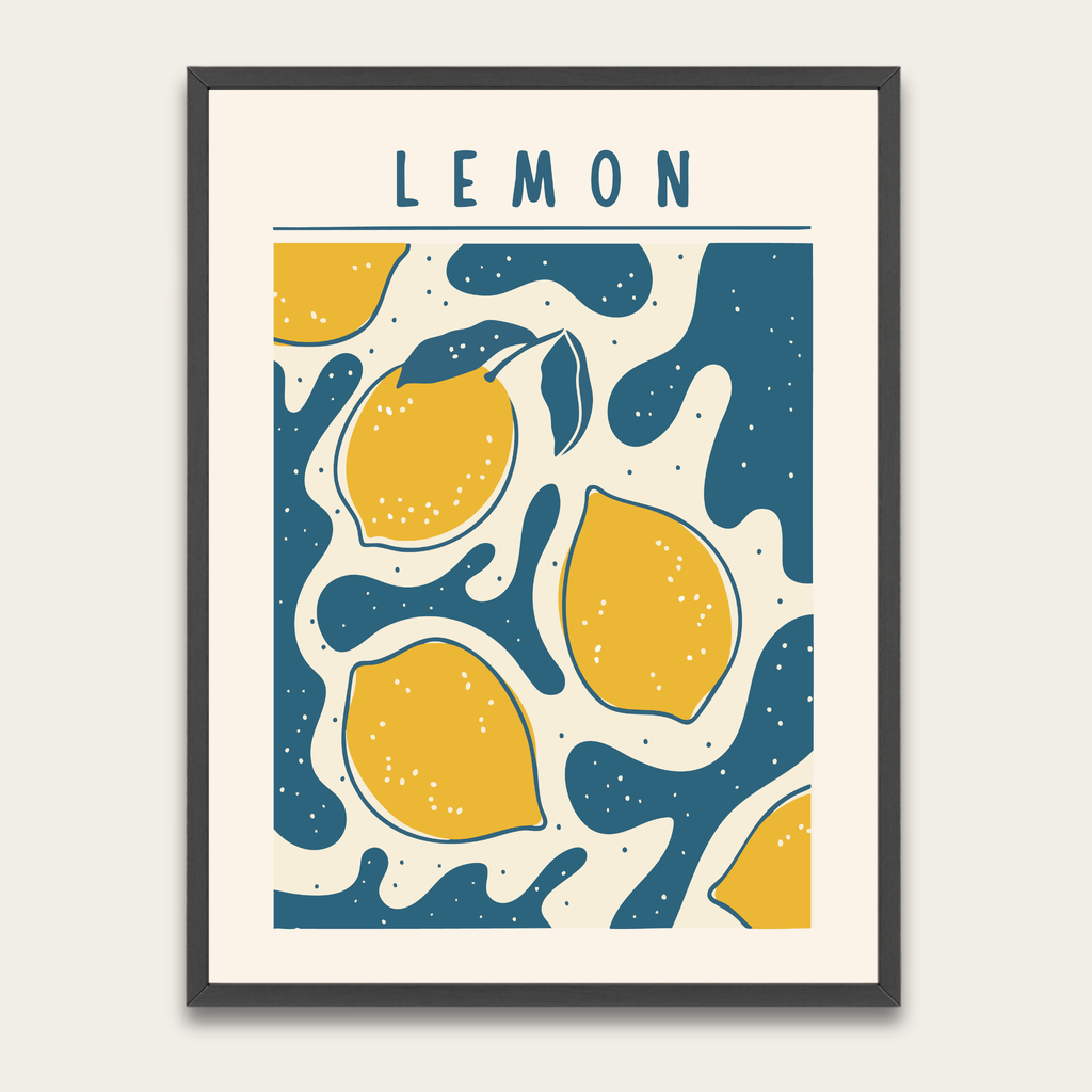 Lemon Fruit Art Poster — Retro Yellow Lemon Print with Wooden Frame