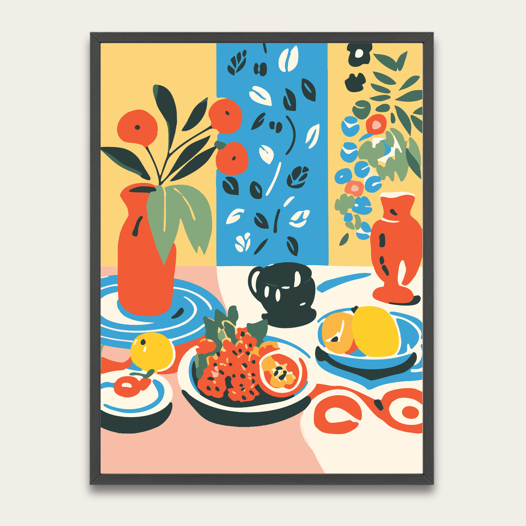 Colorful Still Life Poster with Wooden Frame — Modern Botanical Art Print