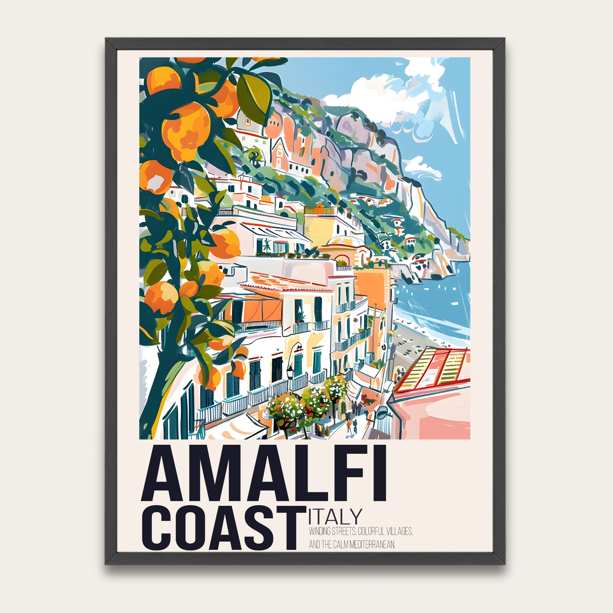 Reisposter van de Amalfikust met houten lijst — Vintage kustdecoratie voor aan de muur