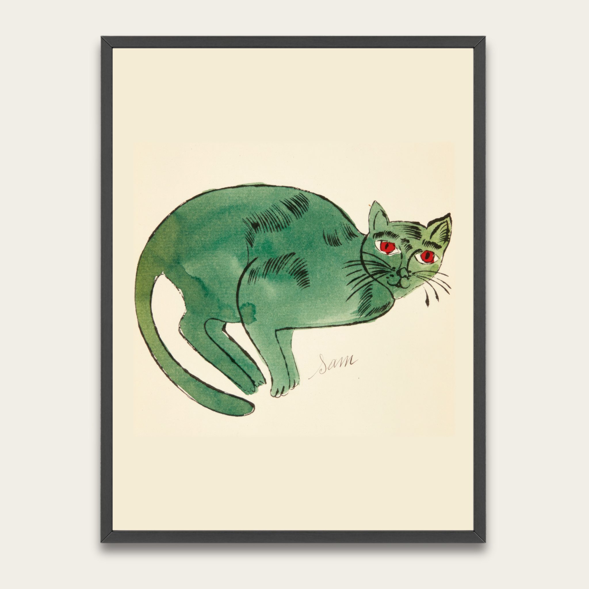 Groene aquarel kattenkunstprint — Ingelijste poster voor kattenliefhebbers, speelse decoratie voor de kinderkamer en woonkamer.