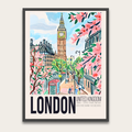 London Spring Travel Poster with Wooden Frame – Vintage Big Ben Wall Art