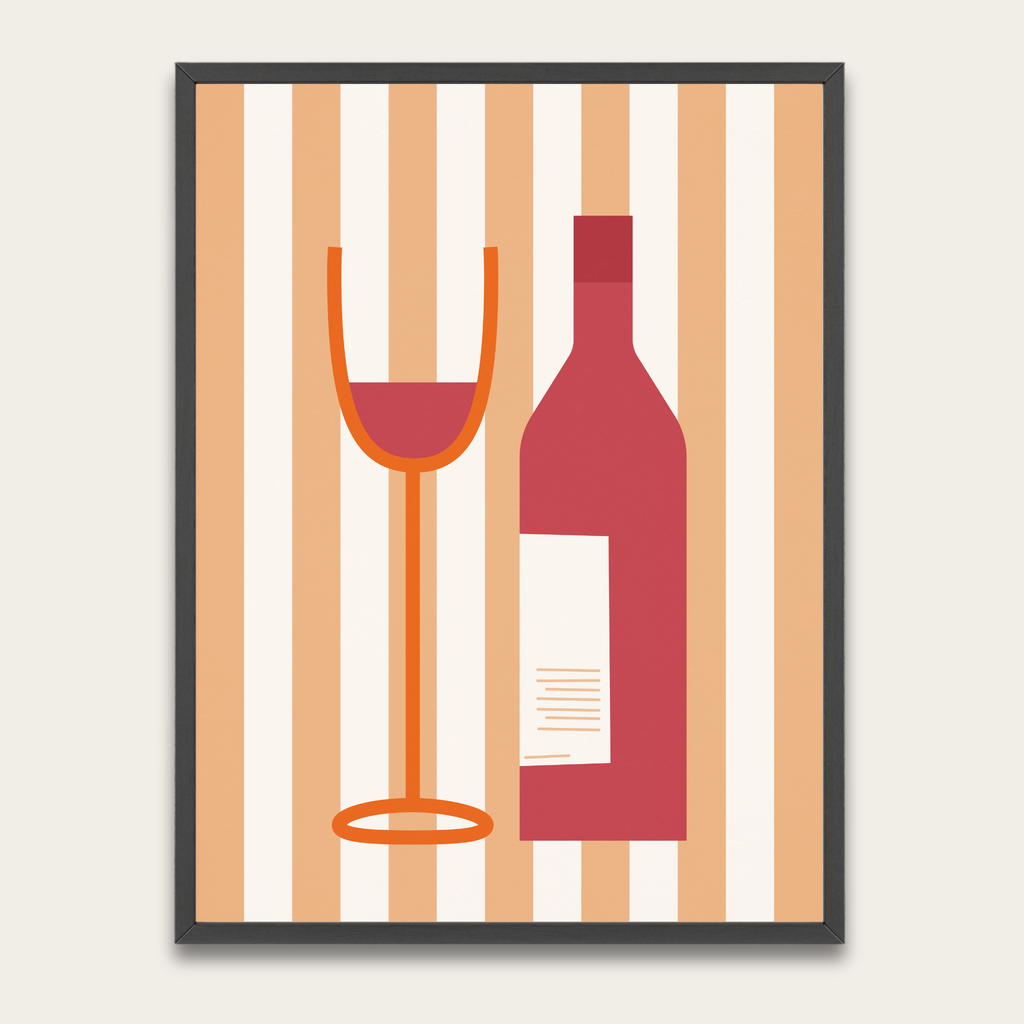 Wine Bottle & Glass Poster with Wooden Frame — Modern Kitchen Wall Art