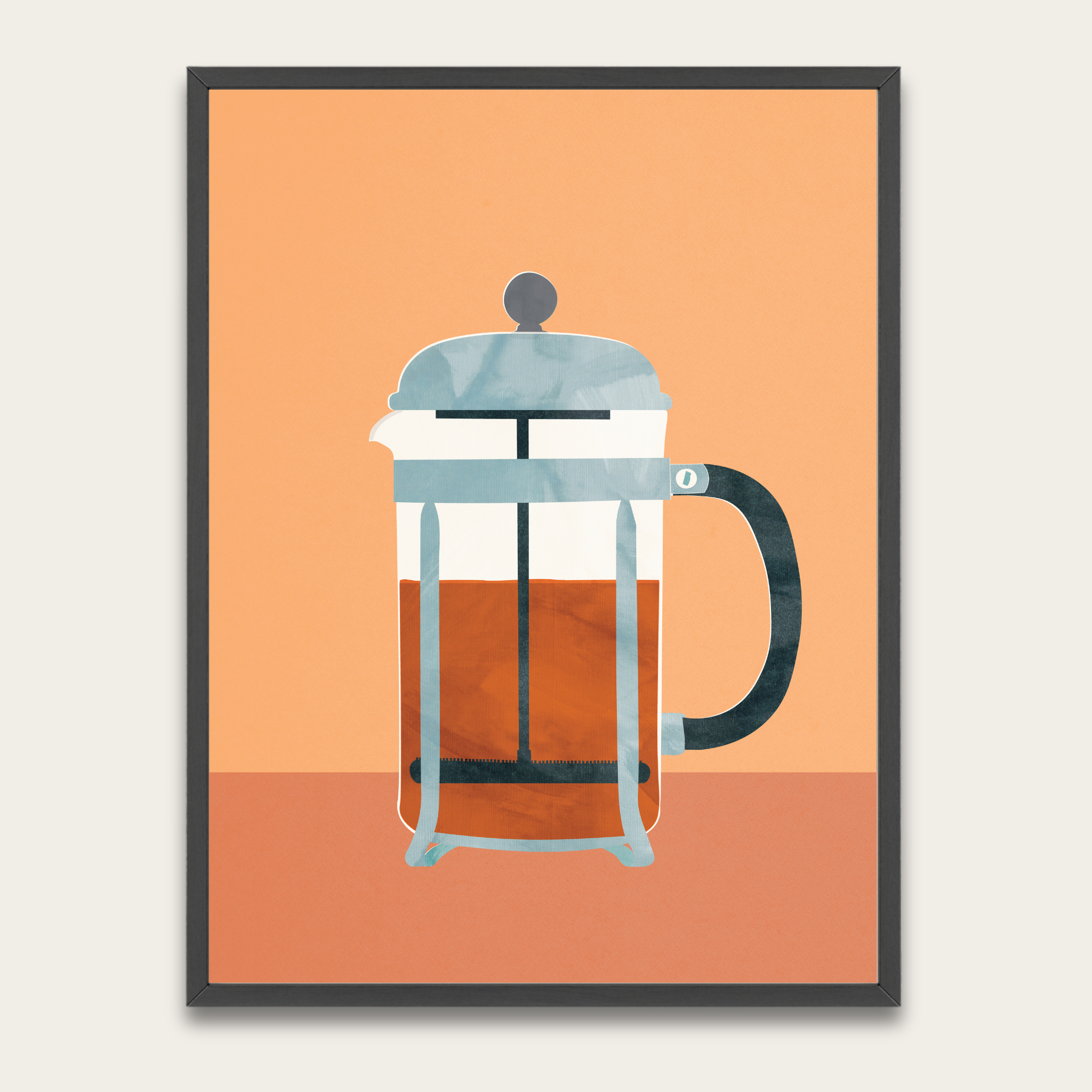 French Press Coffee Poster with Wooden Frame — Modern Kitchen Wall Art
