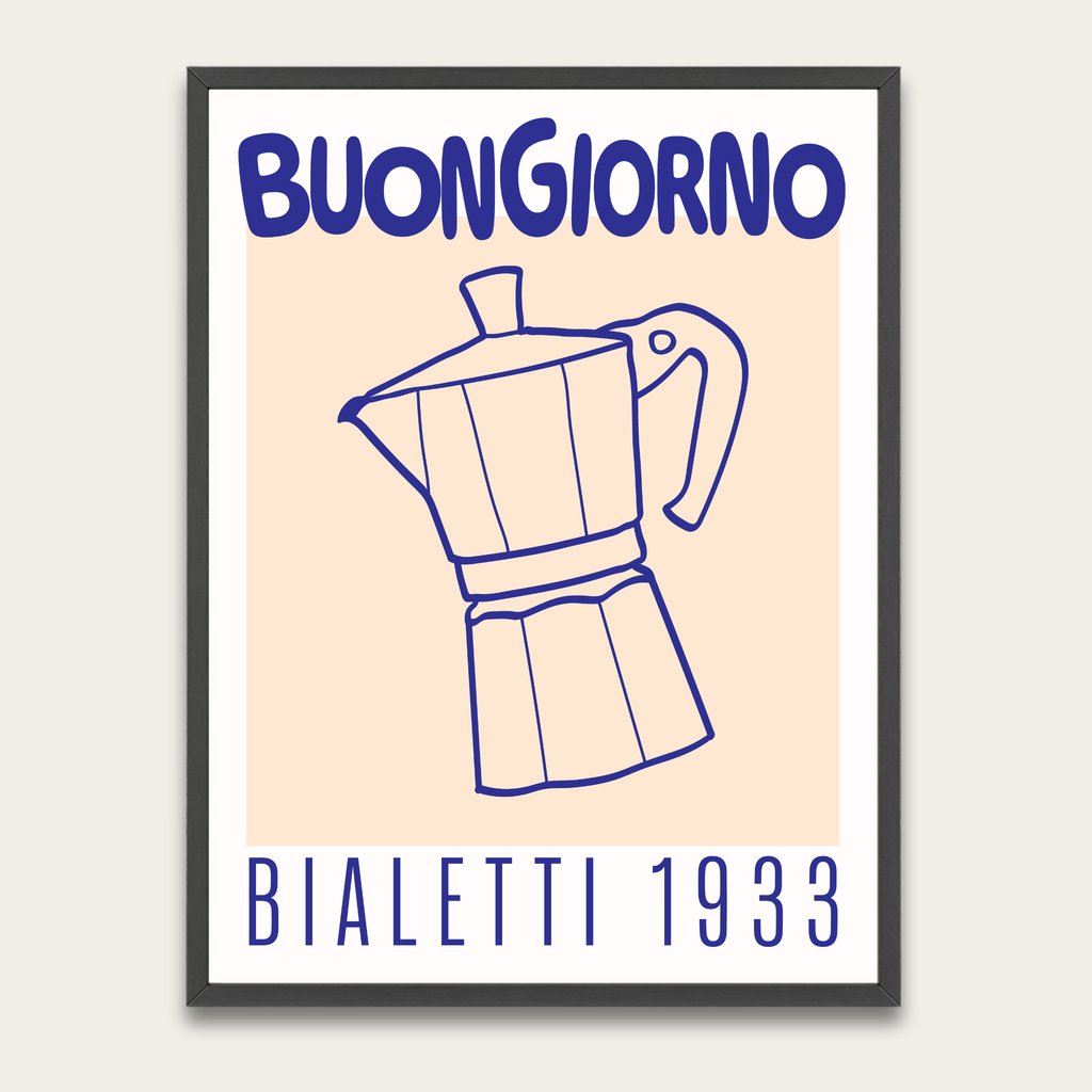 Buongiorno Bialetti 1933 Coffee Poster — Framed Italian Moka Pot Wall Art