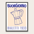 Buongiorno Bialetti 1933 Coffee Poster — Framed Italian Moka Pot Wall Art