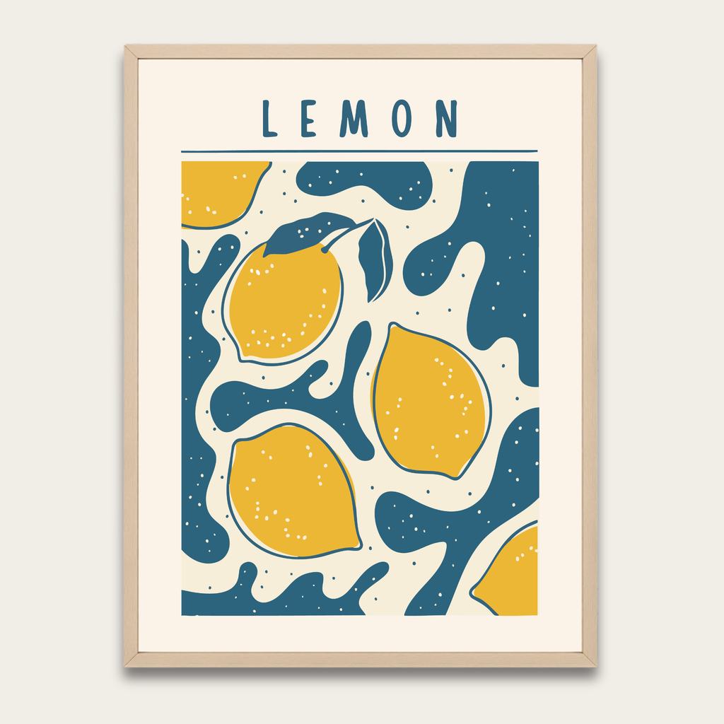 Lemon Fruit Art Poster — Retro Yellow Lemon Print with Wooden Frame