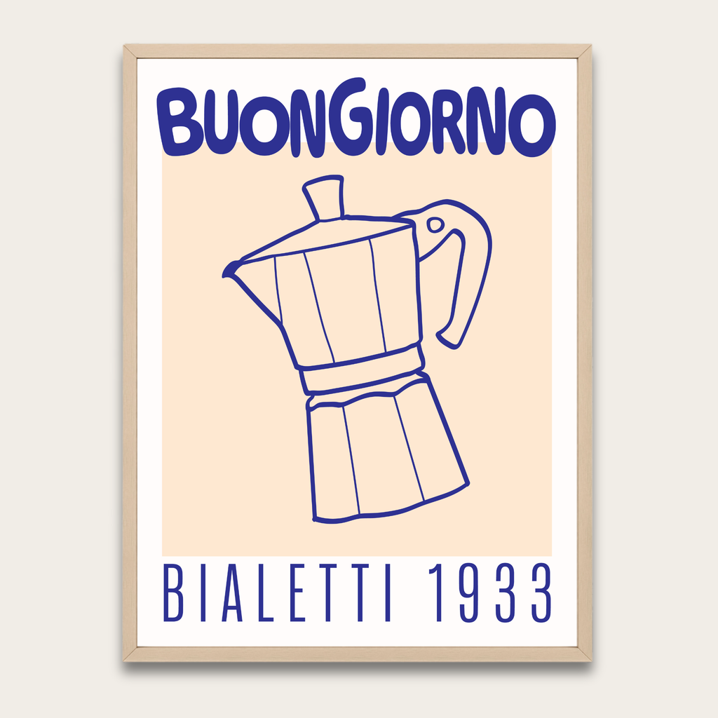 Buongiorno Bialetti 1933 Coffee Poster — Framed Italian Moka Pot Wall Art