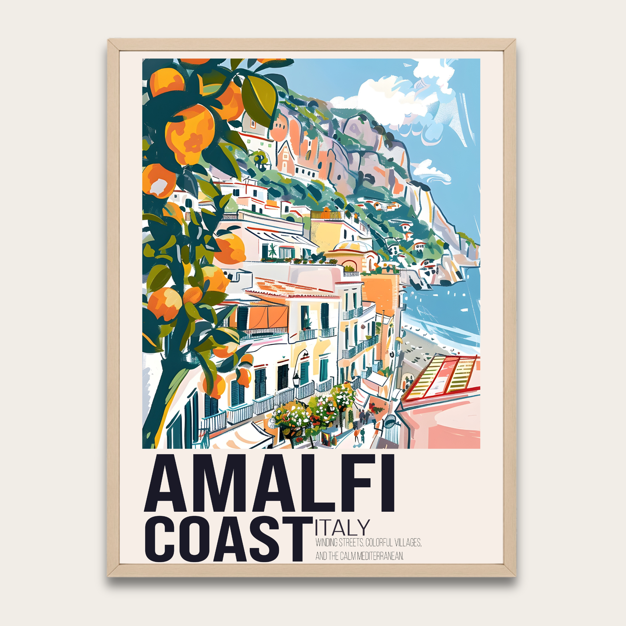 Reisposter van de Amalfikust met houten lijst — Vintage kustdecoratie voor aan de muur