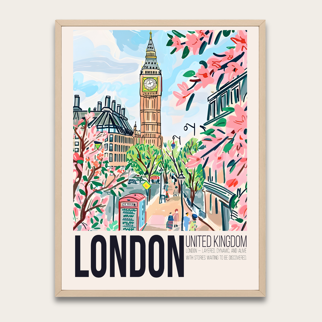 London Spring Travel Poster with Wooden Frame – Vintage Big Ben Wall Art