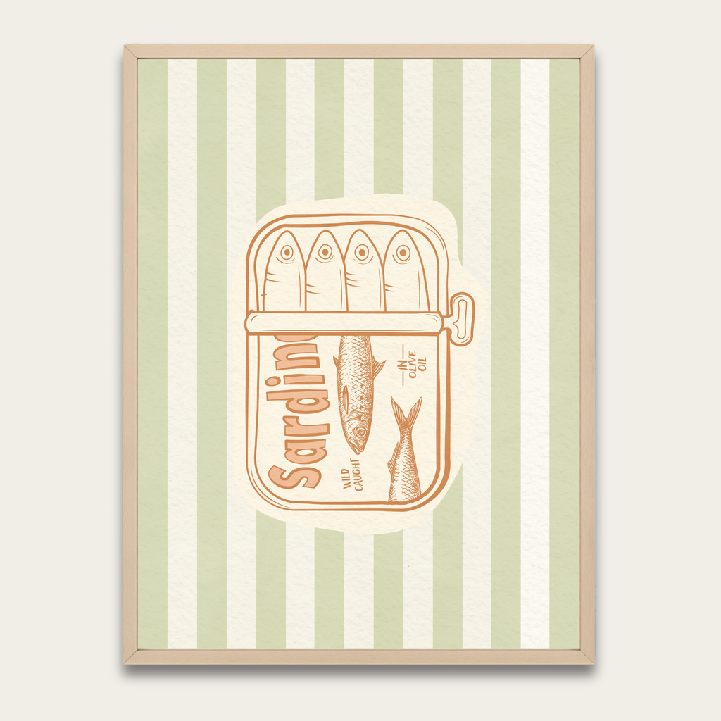 Sardines Retro Kitchen Poster with Wooden Frame — Vintage Seafood Wall Art
