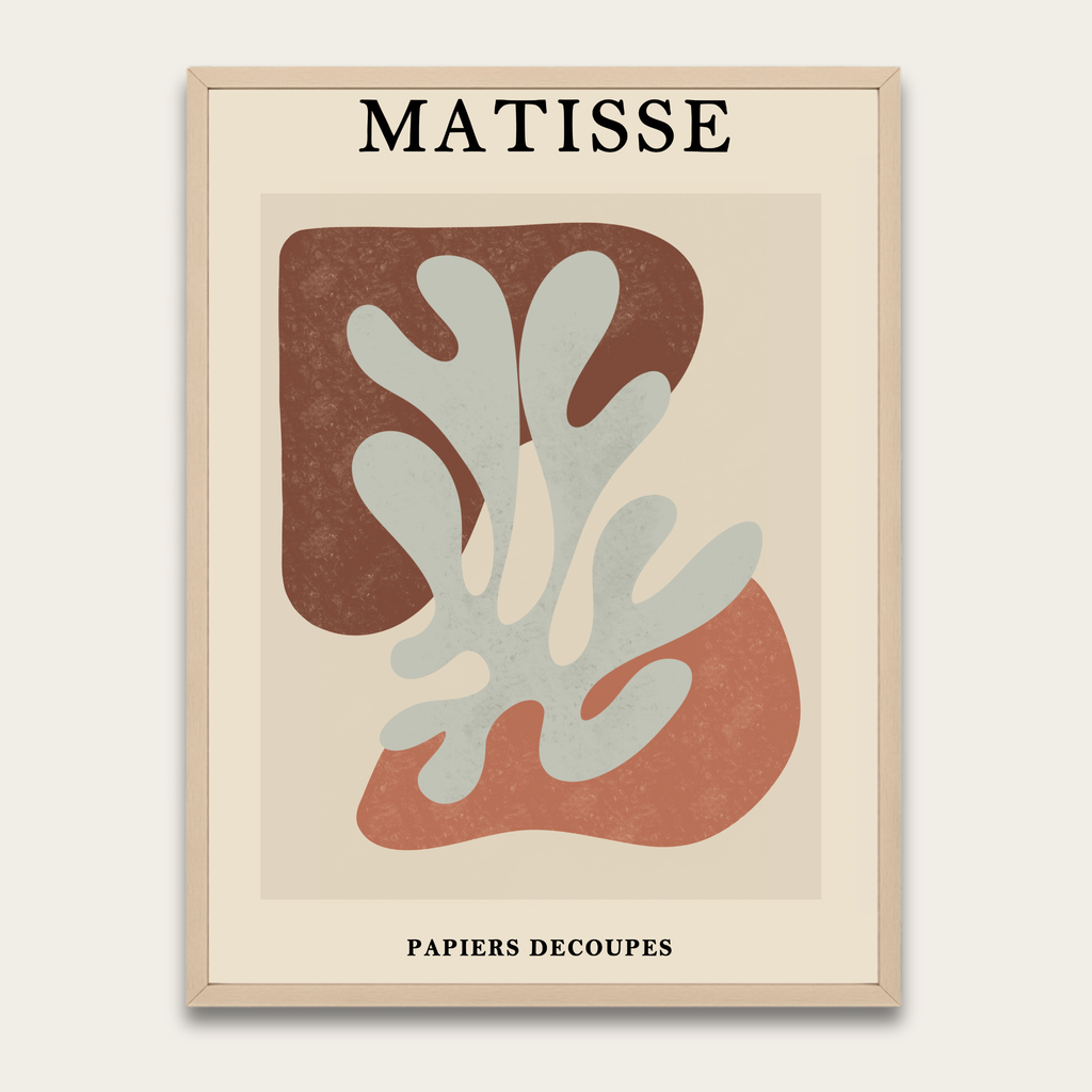 Abstracte kunstposter geïnspireerd op Matisse met houten lijst — Muurdecoratie in mid-century modern stijl