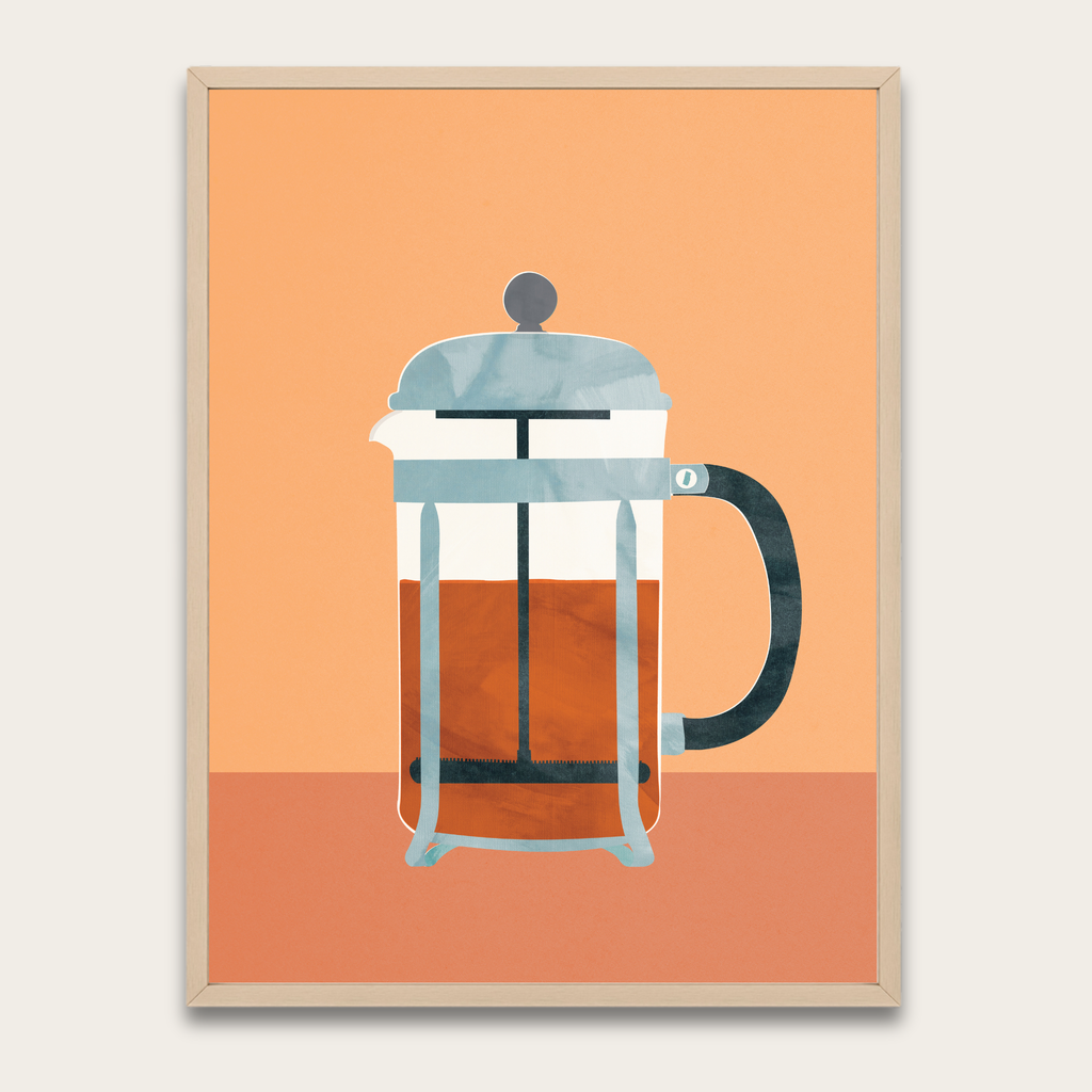 French Press Coffee Poster with Wooden Frame — Modern Kitchen Wall Art
