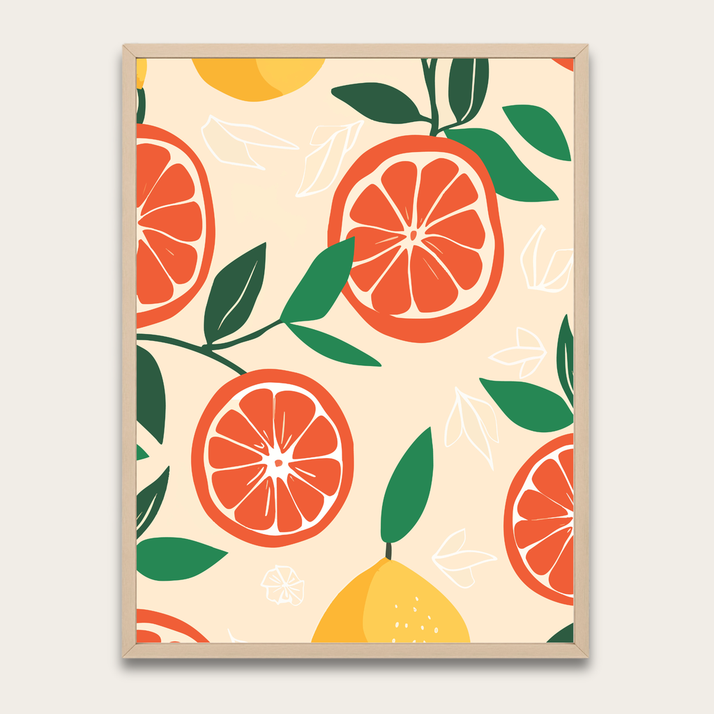Citrus Botanical Poster with Wooden Frame — Orange & Lemon Wall Art