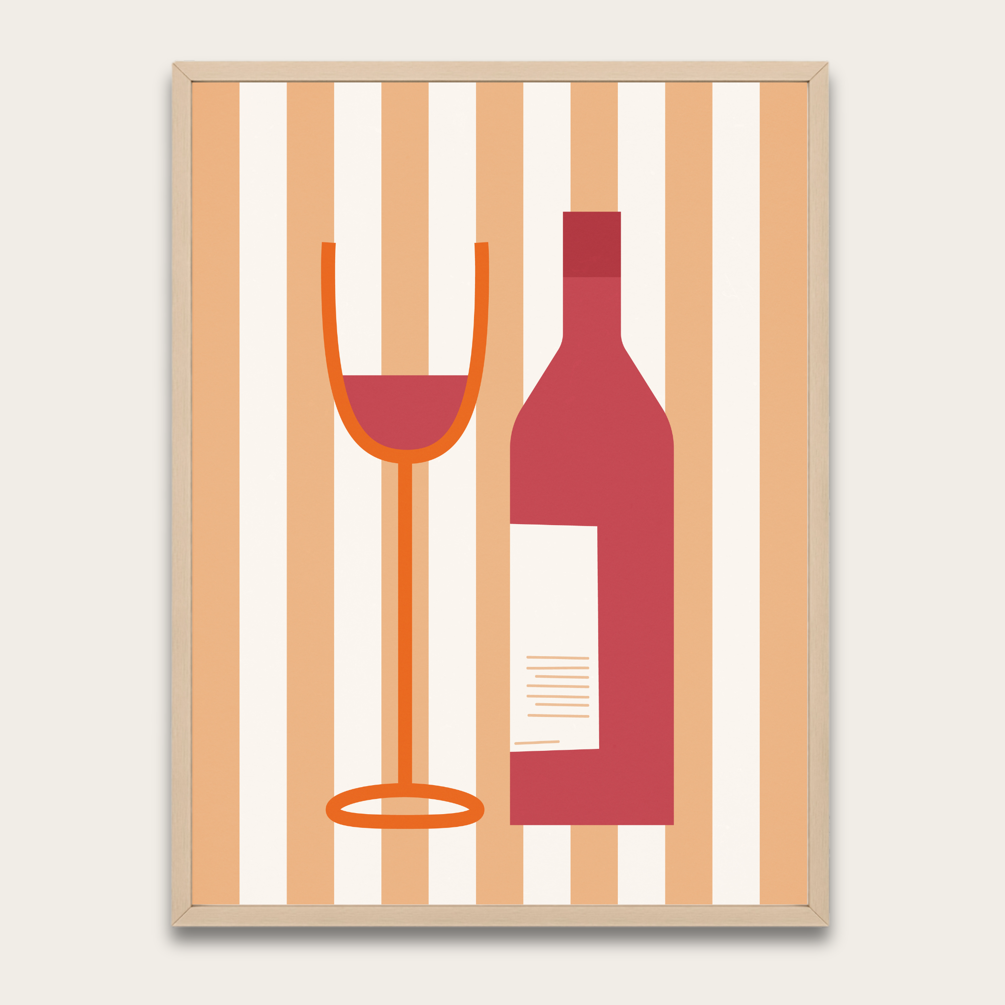 Wine Bottle & Glass Poster with Wooden Frame — Modern Kitchen Wall Art