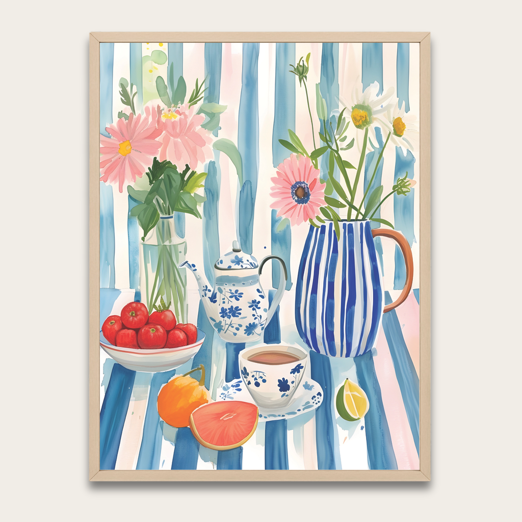 Still Life Floral Poster with Wooden Frame — Blue Striped Vase Tea Time Art Print