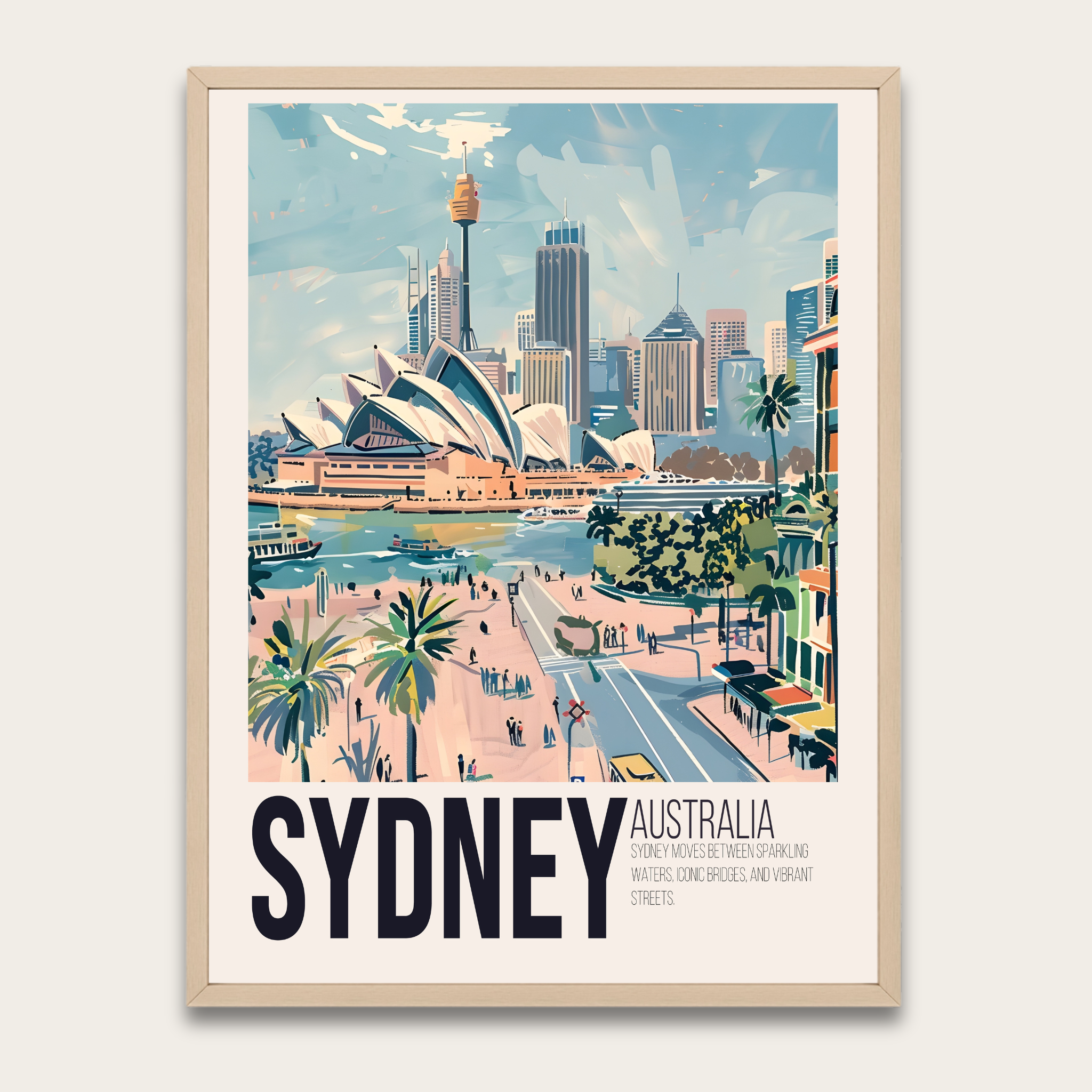 Reisposter van Sydney met houten frame – Muurdecoratie in vintage-stijl
