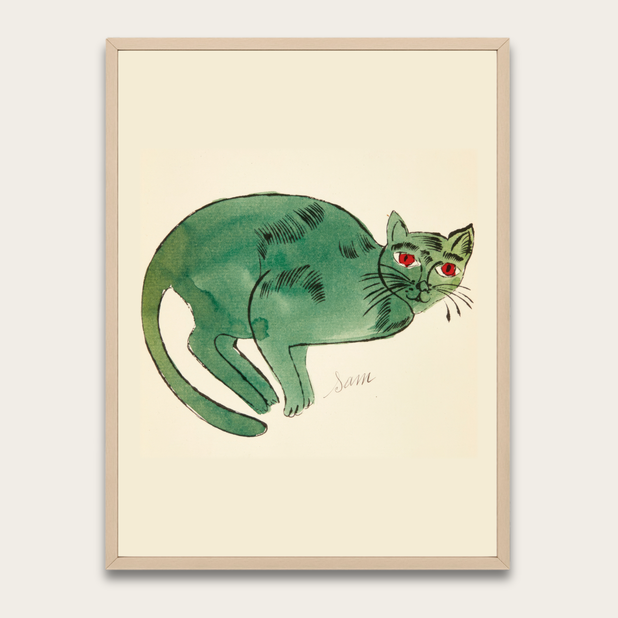 Groene aquarel kattenkunstprint — Ingelijste poster voor kattenliefhebbers, speelse decoratie voor de kinderkamer en woonkamer.