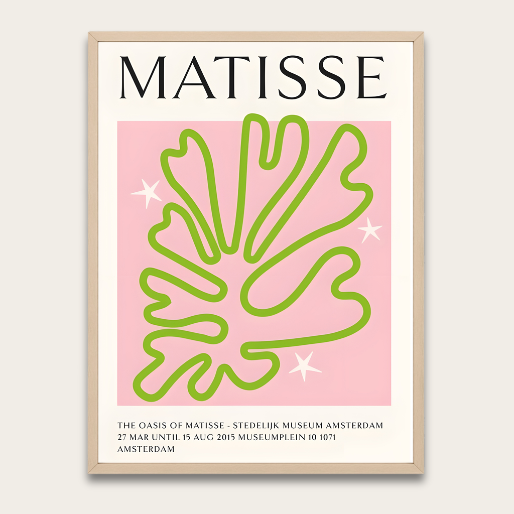Matisse Blad Poster (ingelijst) — Roze &amp; Lime Moderne Kunstprint met Houten Lijst