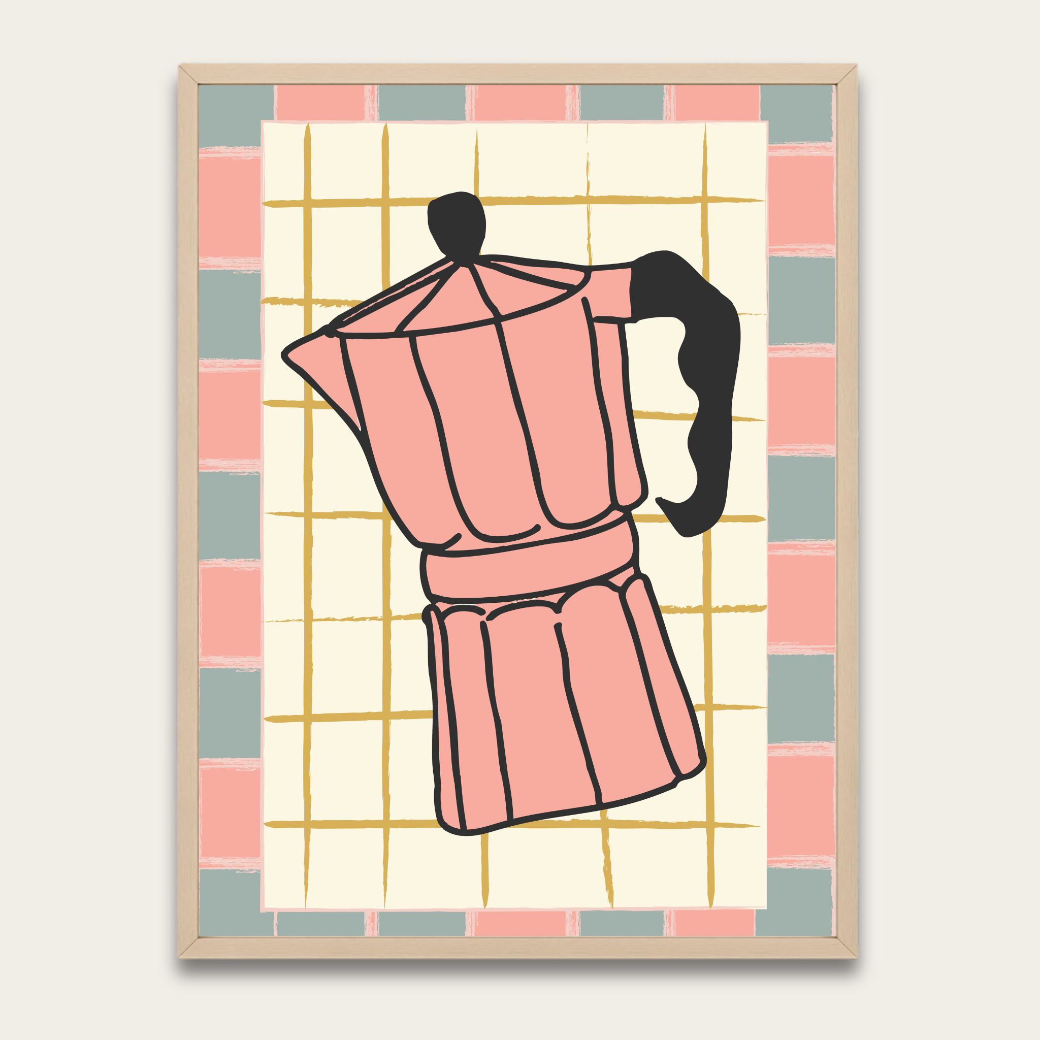 Bialetti Moka Pot Kitchen Poster with Wooden Frame — Pink Coffee Art Print