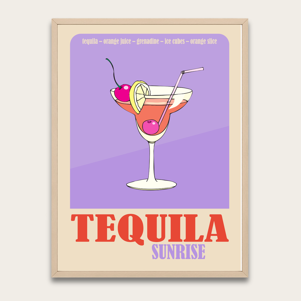Tequila Sunrise Poster — Retro Cocktail Bar Art Print with Wooden Frame