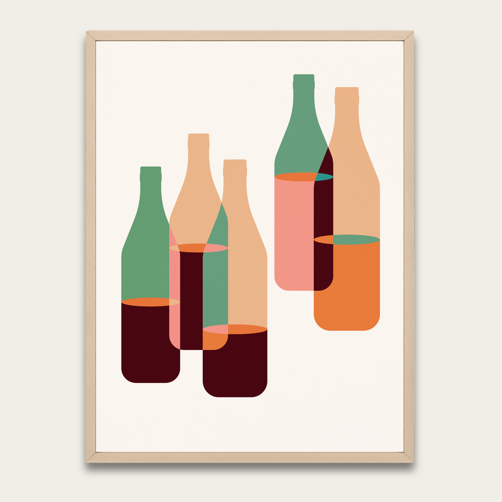 Abstract Bottle Poster with Wooden Frame – Midcentury Modern Wall Art