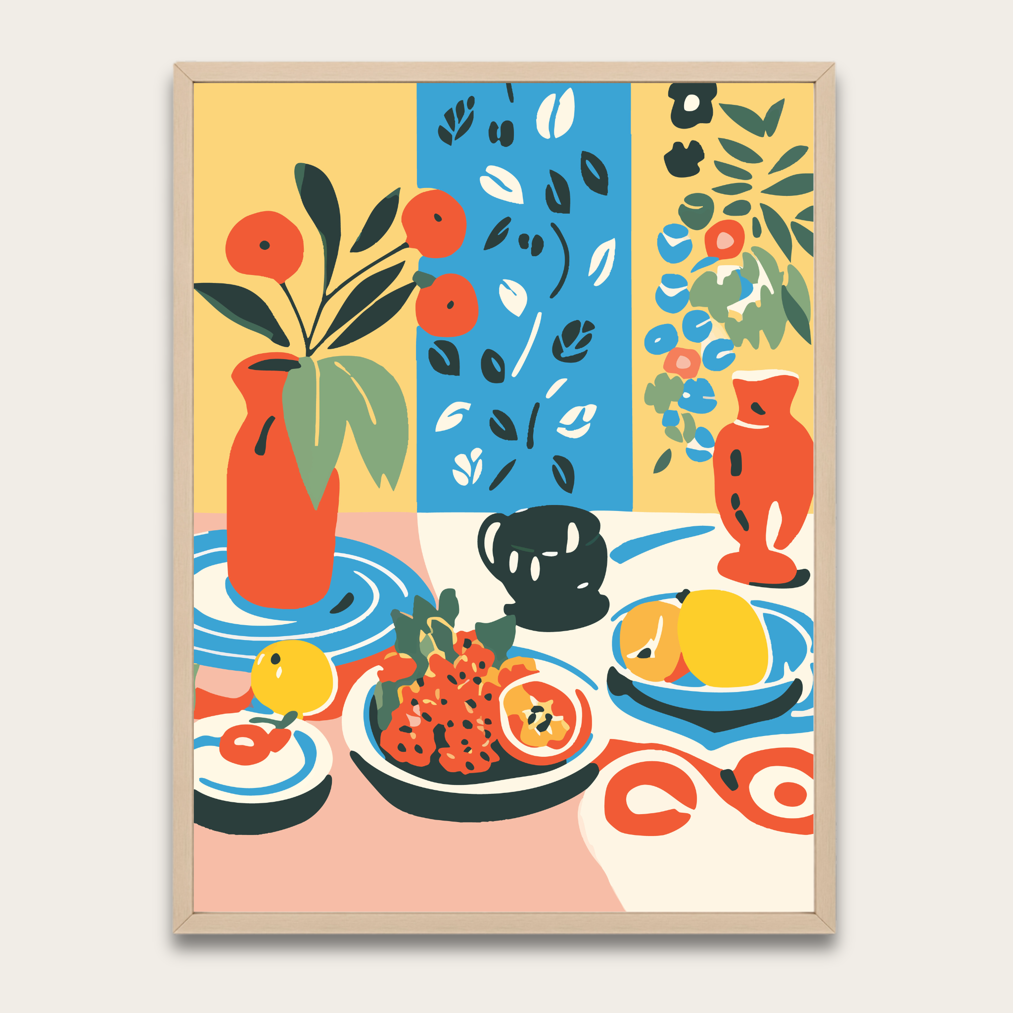 Colorful Still Life Poster with Wooden Frame — Modern Botanical Art Print