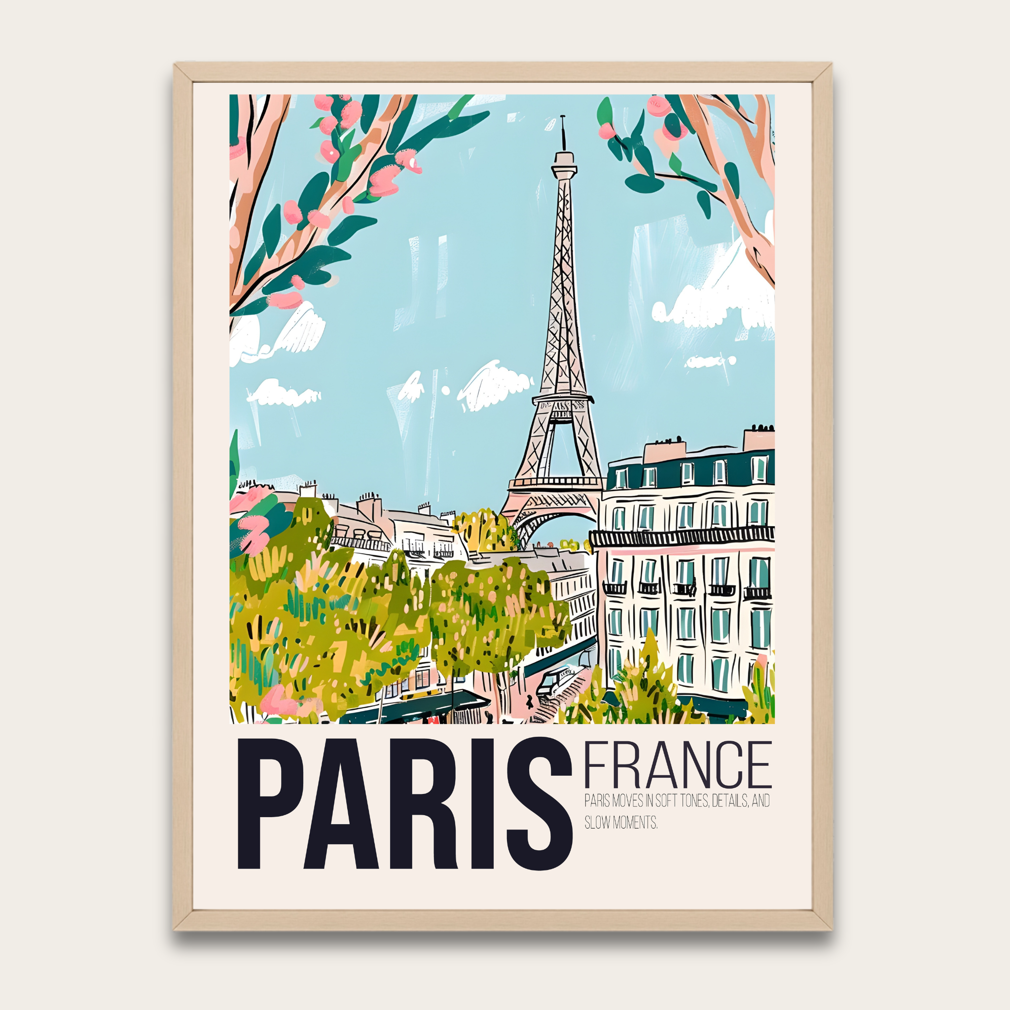 Vintage reisposter van de Eiffeltoren in Parijs met houten lijst — Ingelijste wanddecoratie