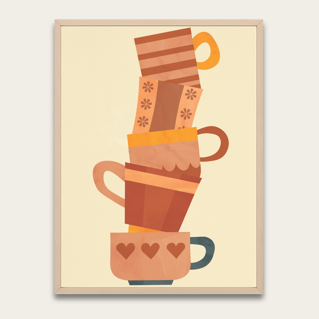 Stacked Coffee Cups Poster with Wooden Frame — Cozy Kitchen Wall Art