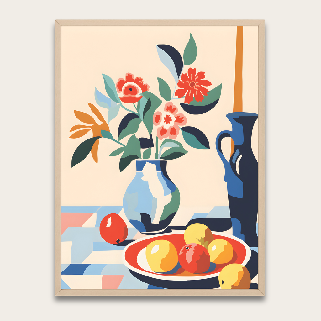 Framed Floral Still Life Poster — Colorful Vase & Fruit Wall Art