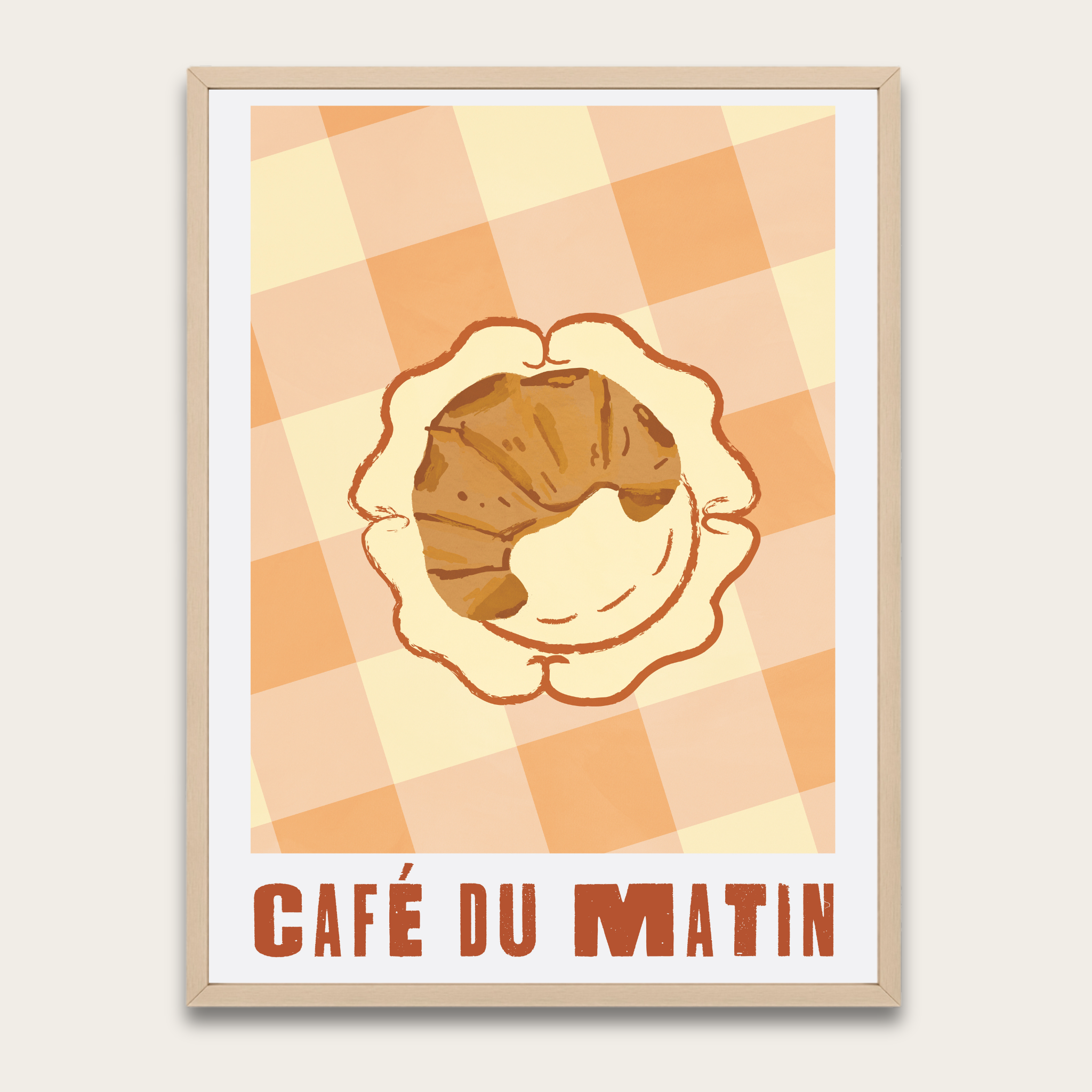 Café du Matin Poster — Vintage Croissant Art Print with Wooden Frame