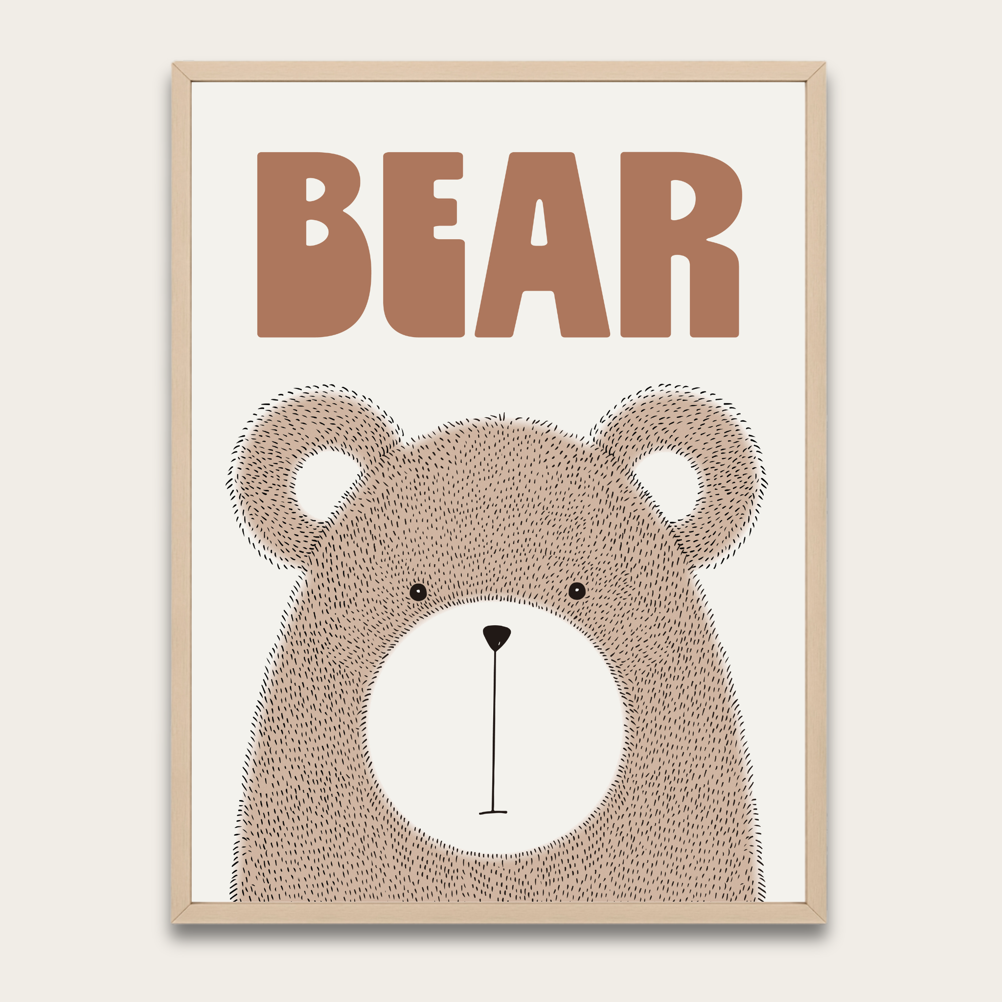 Muurposter met beer en houten frame voor de kinderkamer — Leuke, neutrale dierenprint voor de kinderkamer