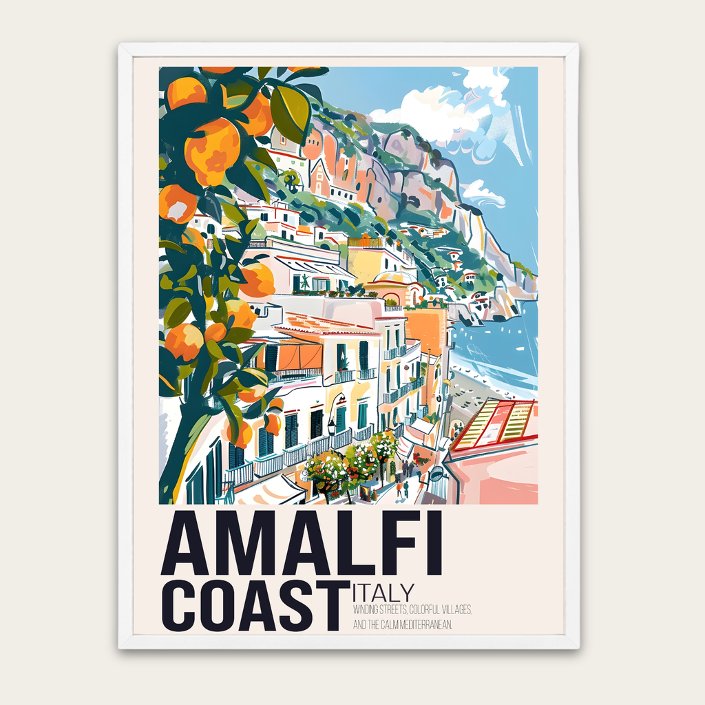 Amalfi Coast Travel Poster with Wooden Frame — Vintage Coastal Wall Art