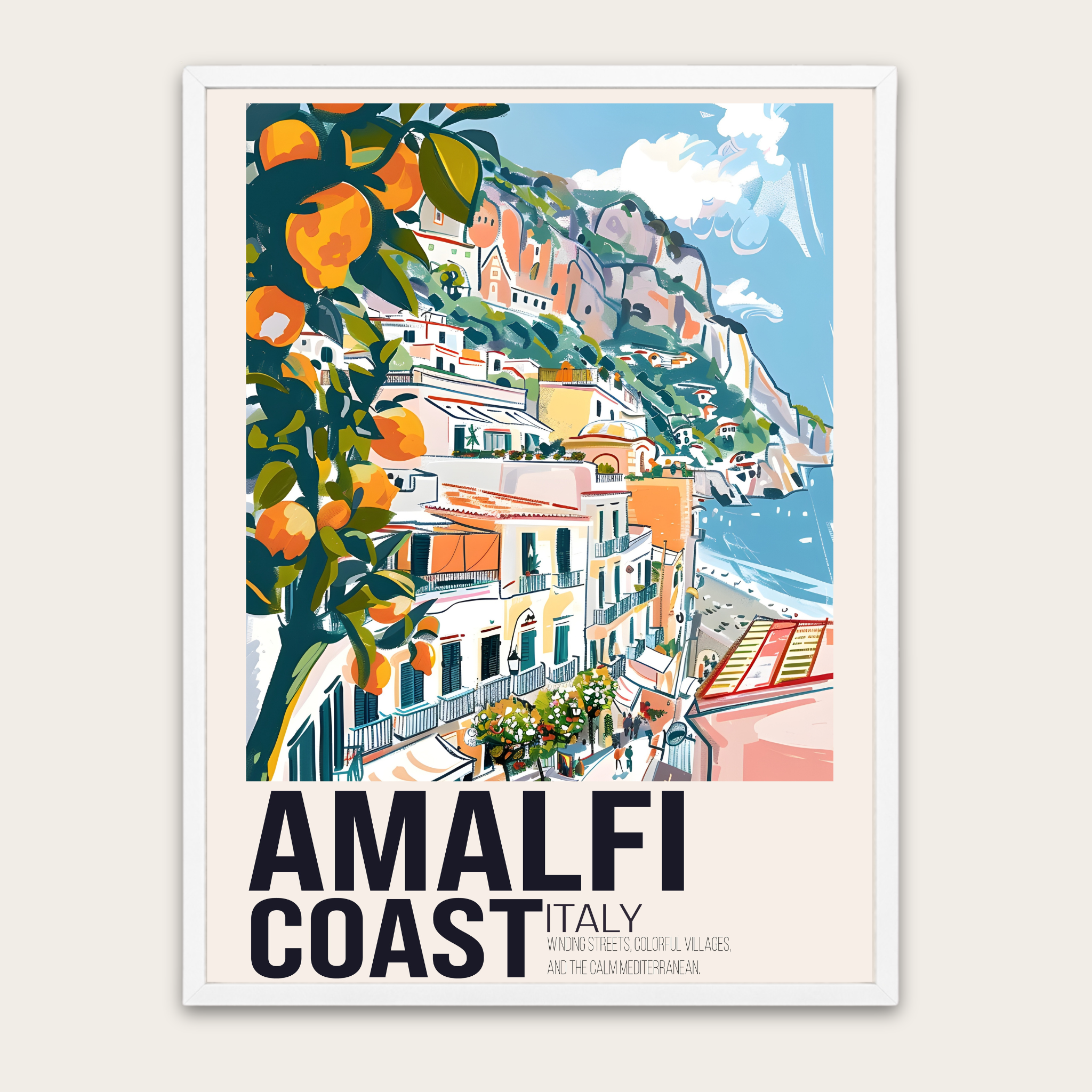 Reisposter van de Amalfikust met houten lijst — Vintage kustdecoratie voor aan de muur