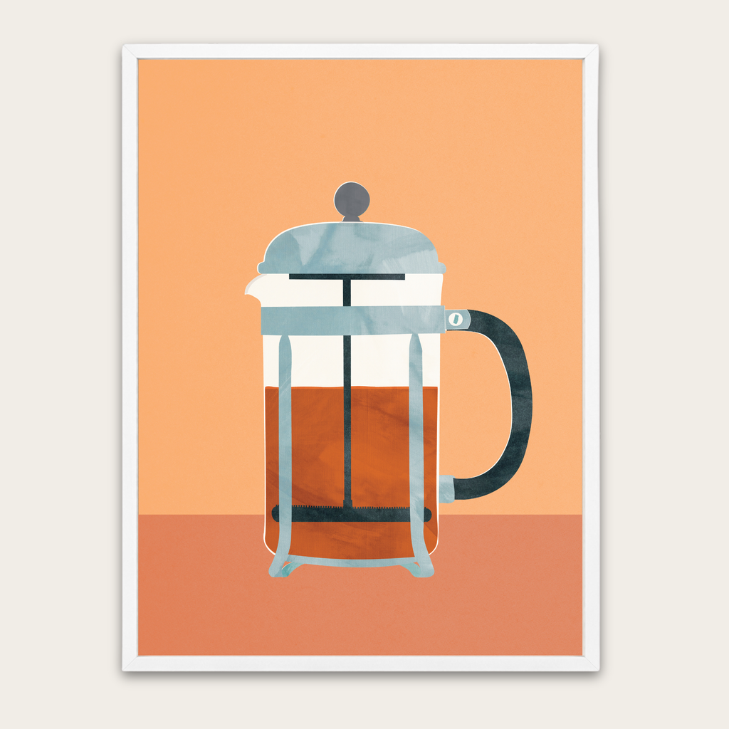 French Press Coffee Poster with Wooden Frame — Modern Kitchen Wall Art