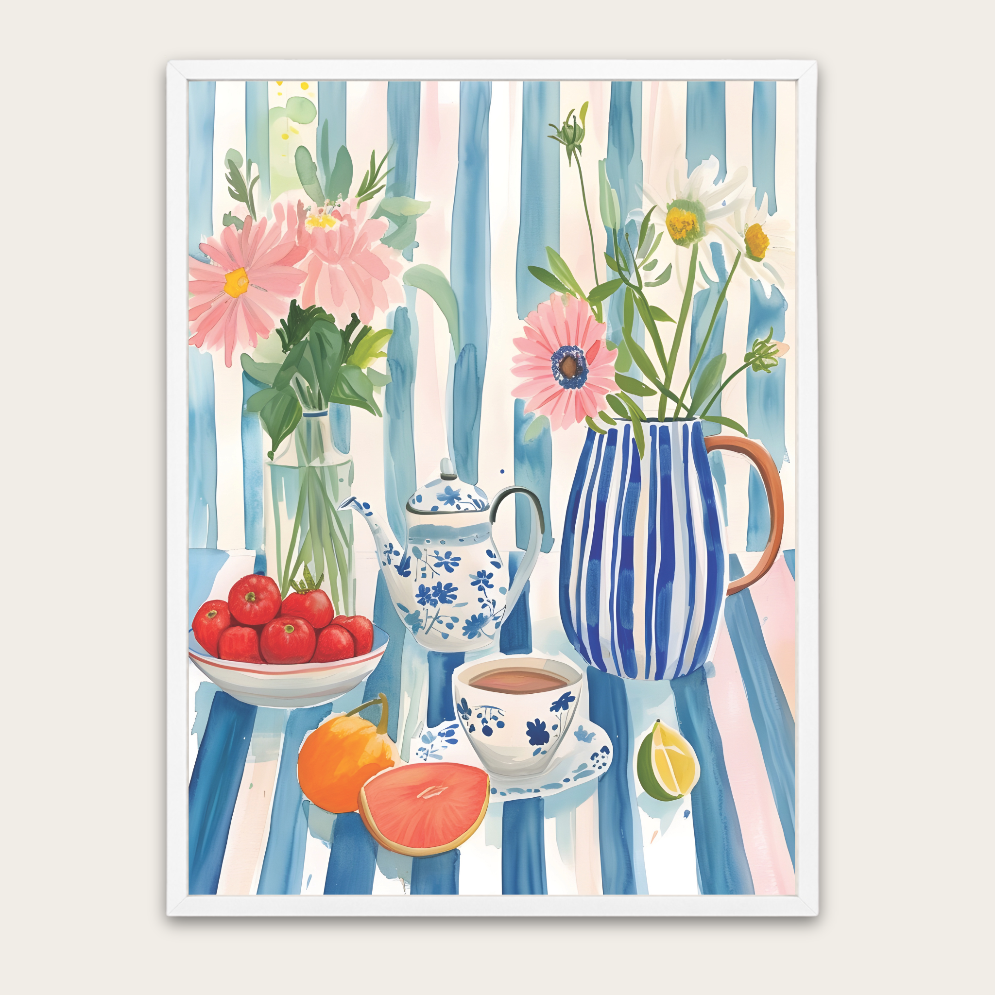 Still Life Floral Poster with Wooden Frame — Blue Striped Vase Tea Time Art Print