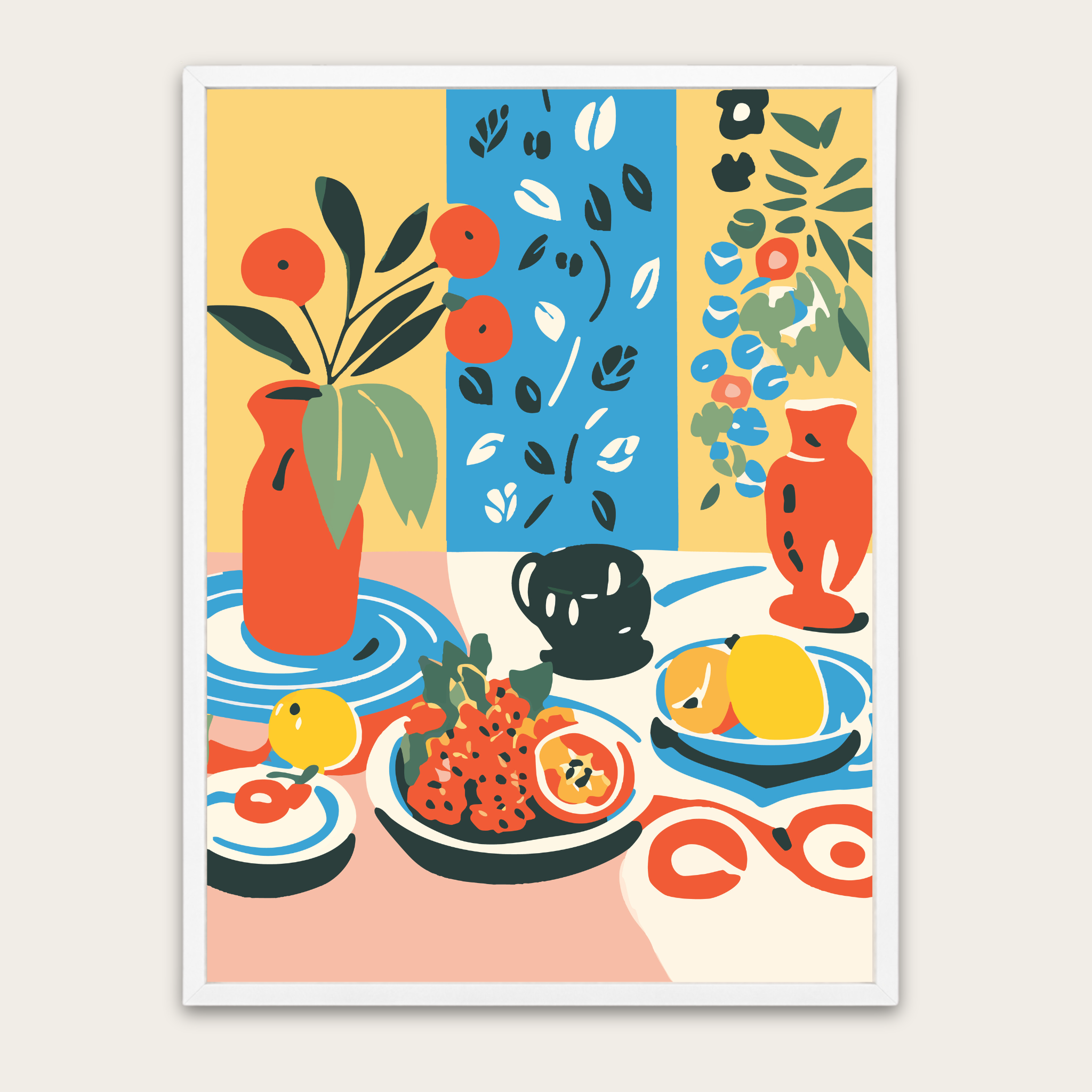 Colorful Still Life Poster with Wooden Frame — Modern Botanical Art Print