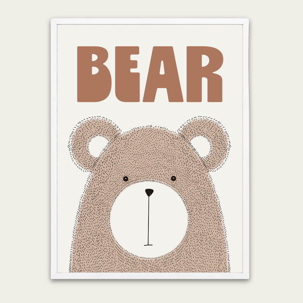 Muurposter met beer en houten frame voor de kinderkamer — Leuke, neutrale dierenprint voor de kinderkamer