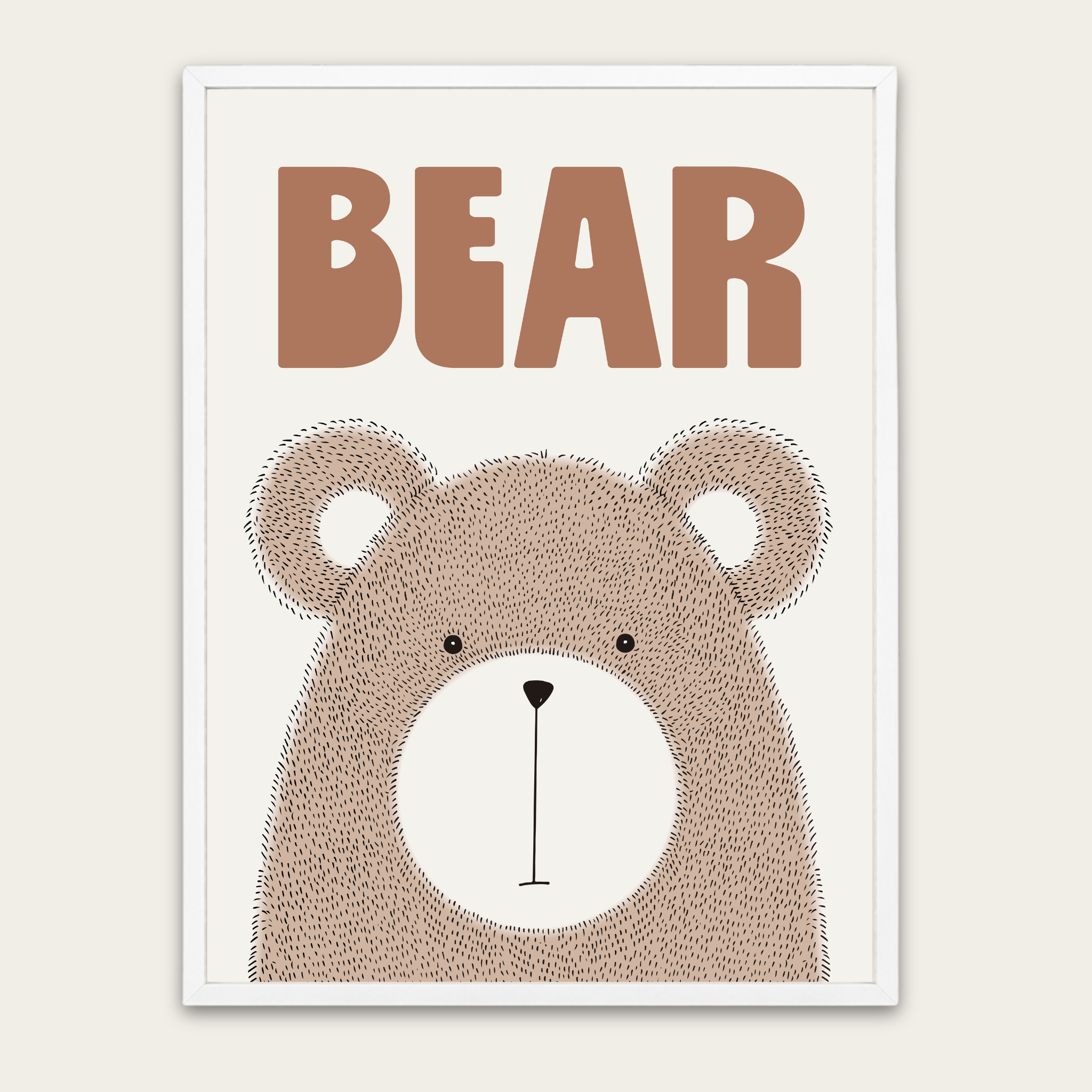 Muurposter met beer en houten frame voor de kinderkamer — Leuke, neutrale dierenprint voor de kinderkamer